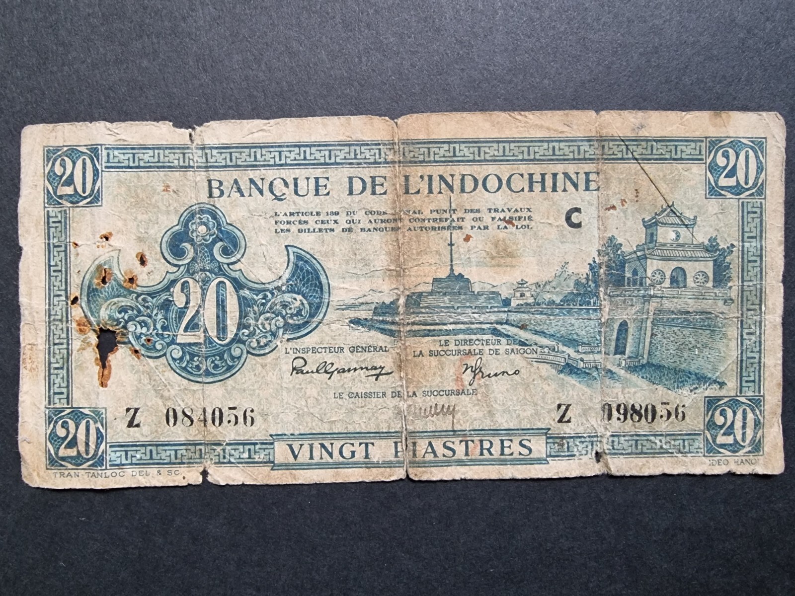 French Indochina 20 Piastres Banknote P-65 ND (1944-45) scarce note
