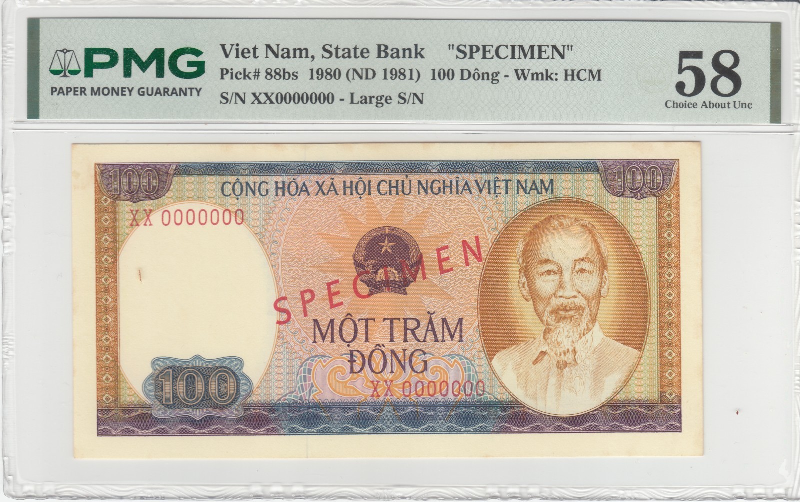 1980 Dem/Rep of Vietnam SPECIMEN, PMG Certified Bank Notes 100Dong P#88bs.
