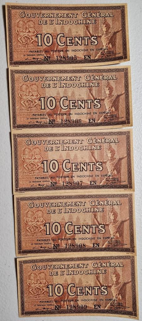 Indochina 10 Cents 1939 Unc Lot of 5 Consecutive Serial #128905-09 EN