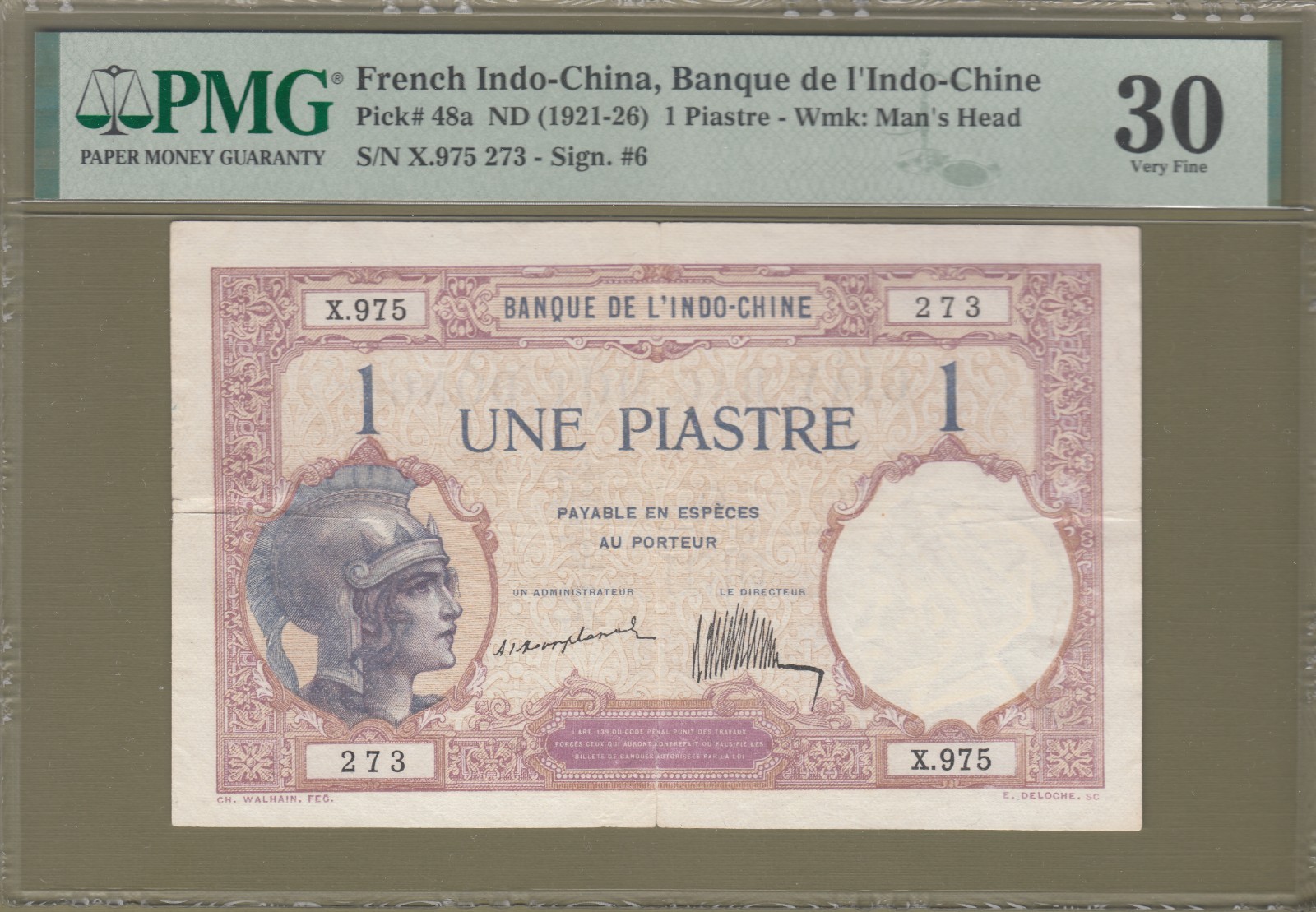 French Indochina/Vietnam 1921-26 PMG Certified 1 Piastre VF P# 48a.