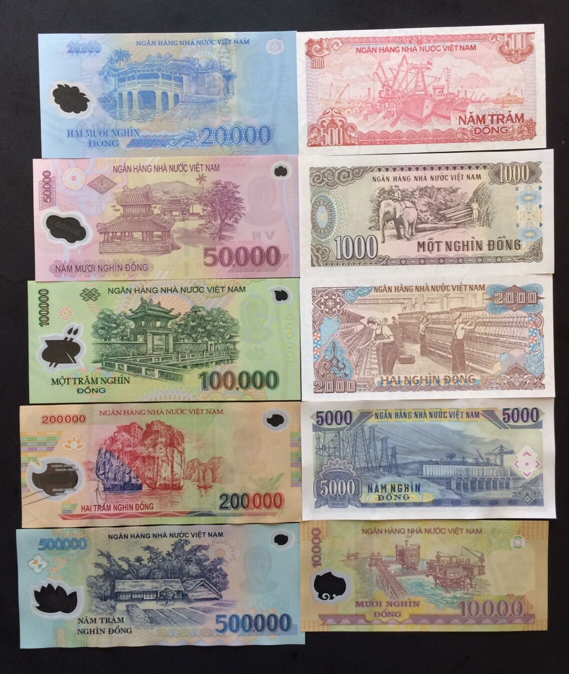 Ten Vietnamese Dong Banknotes Mixed=(UNC/CIR), 1/each Denomination Large-Small