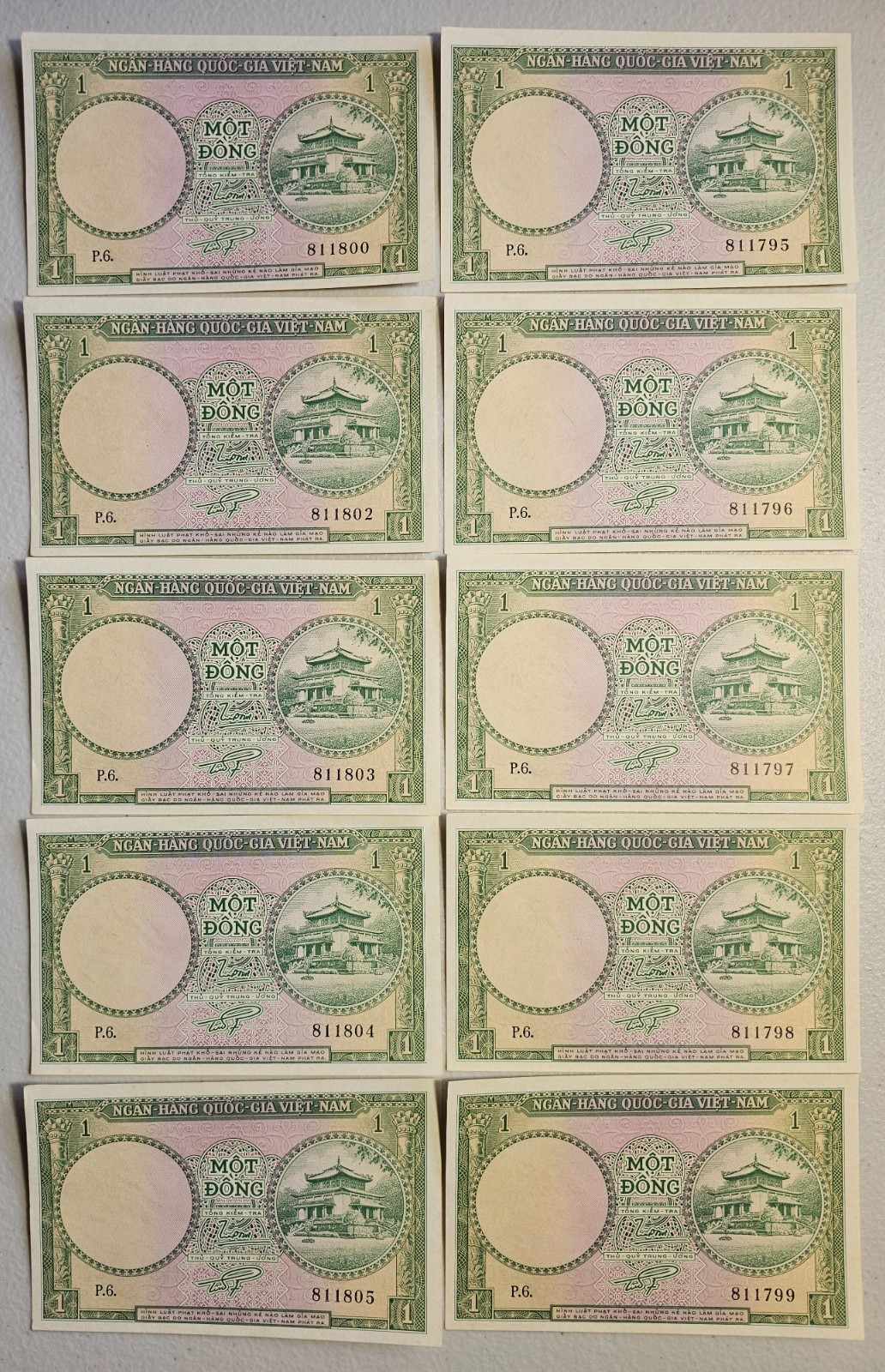 South Vietnam 1 Dong 1956 AU-Unc, Lot of 10