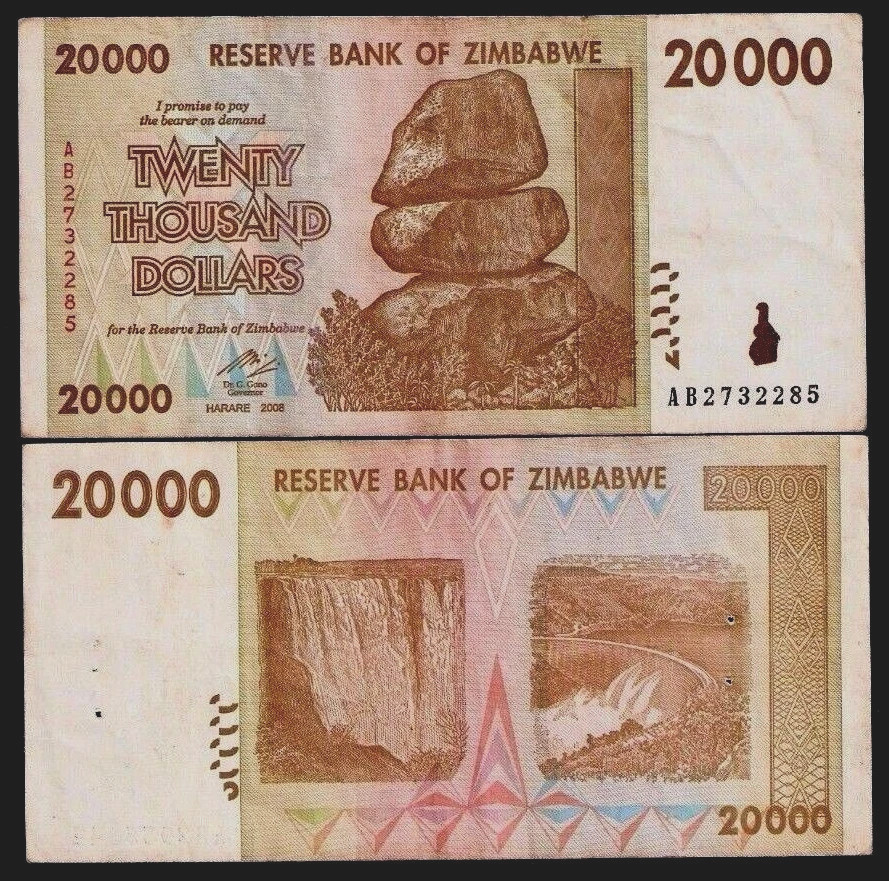 ZIMBABWE $20,000 DOLLARS P-73 2008 x 1 Pcs CIRCULATED PAPER MONEY BILL BANK NOTE