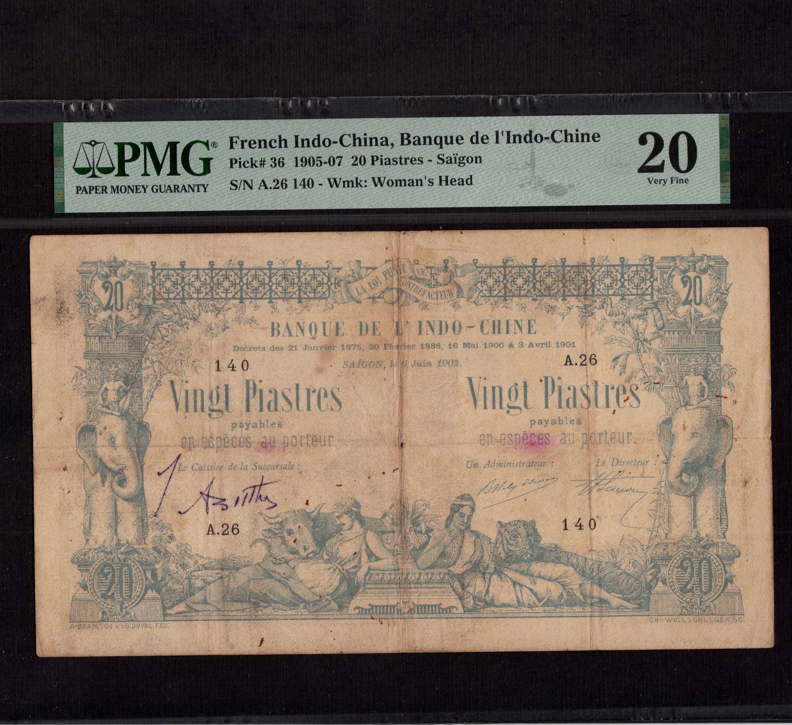French Indo-China 20 Piastres 1905 P-36 * PMG VF 20 * Super Rare Date *