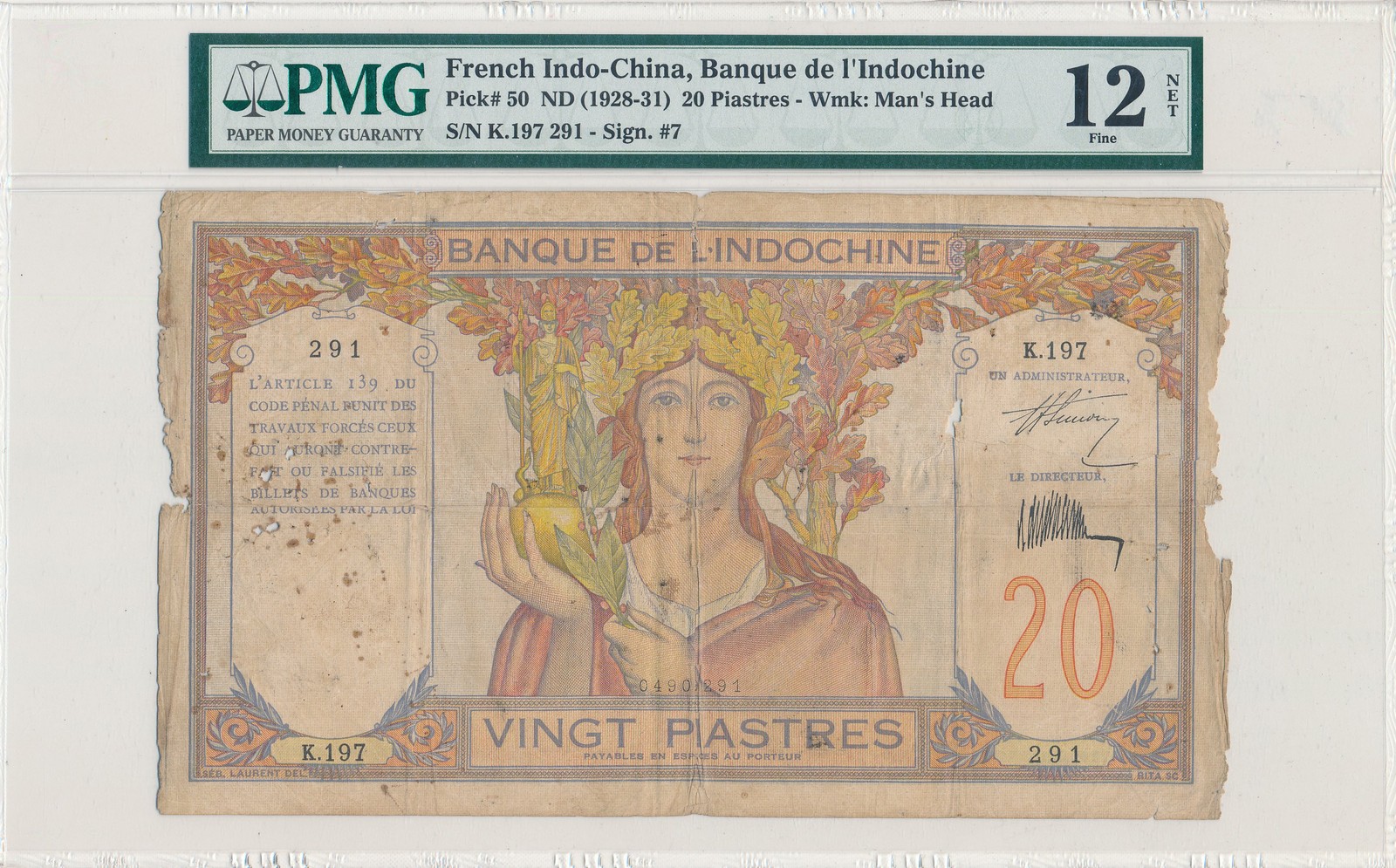 Banque de l’Indochine French Indo-China 20 Piastres ND(1928-31) PMG 12NET