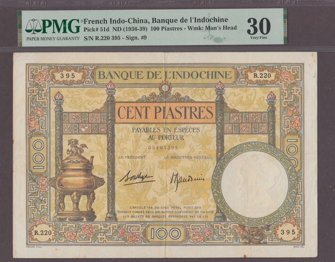 French Indochina 100 Piastres Note P-51d ND (1936-39) Very Fine PMG 30
