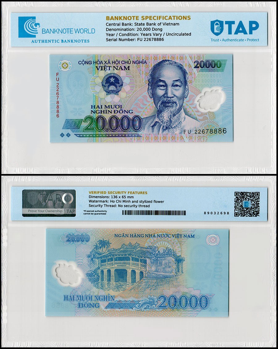 Vietnamese Currency 20000 Dong Random Year P-120 UNC Polymer TAP Authenticated