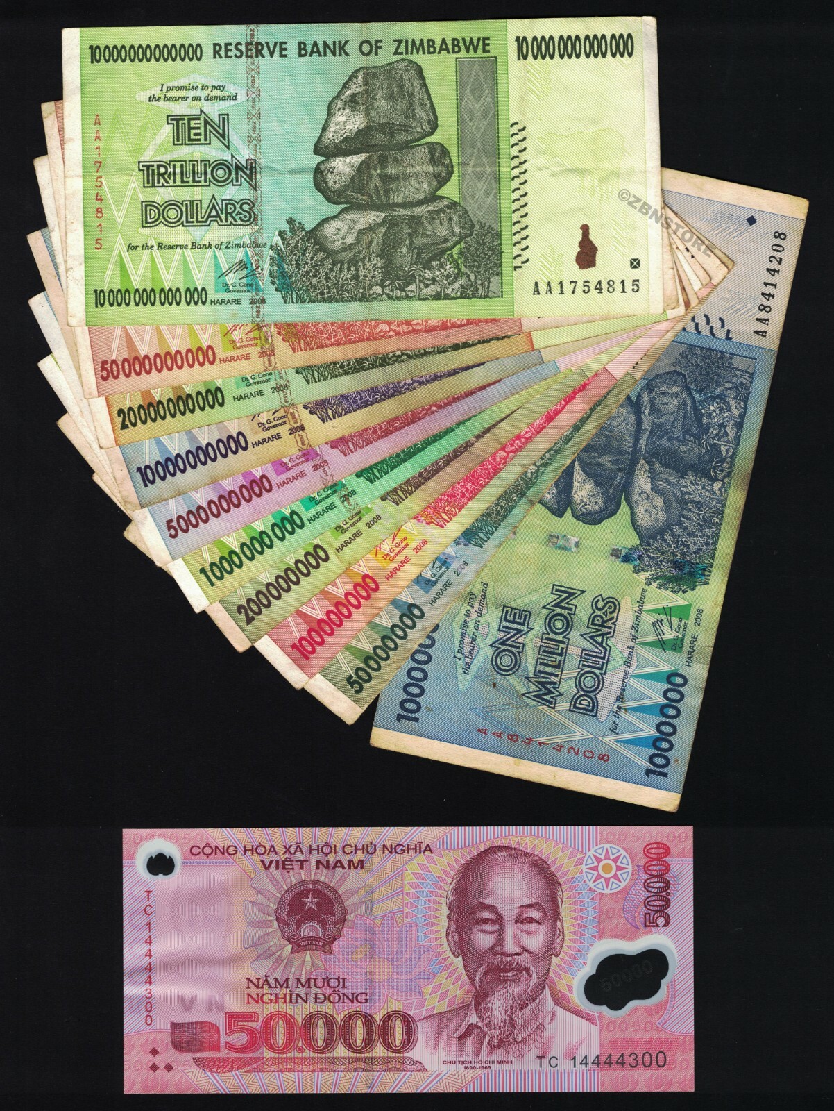 1 Million – 10 Trillion Zimbabwe Dollars Banknotes Set + 50,000 Dong Vietnam VND