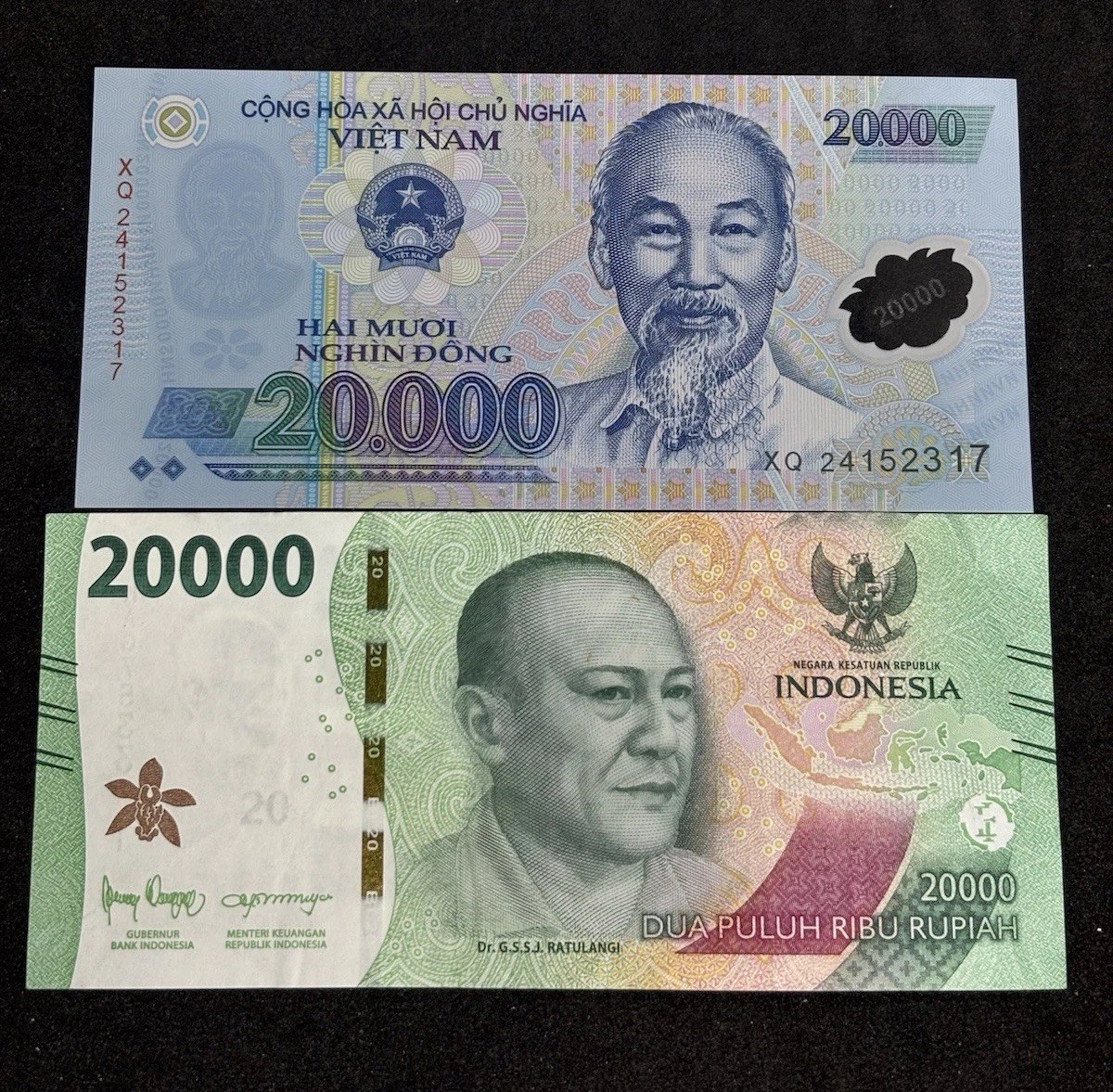 20,000 Vietnam Dong POLYMER Banknote + 20,000 Indonesia Rupiah Banknote