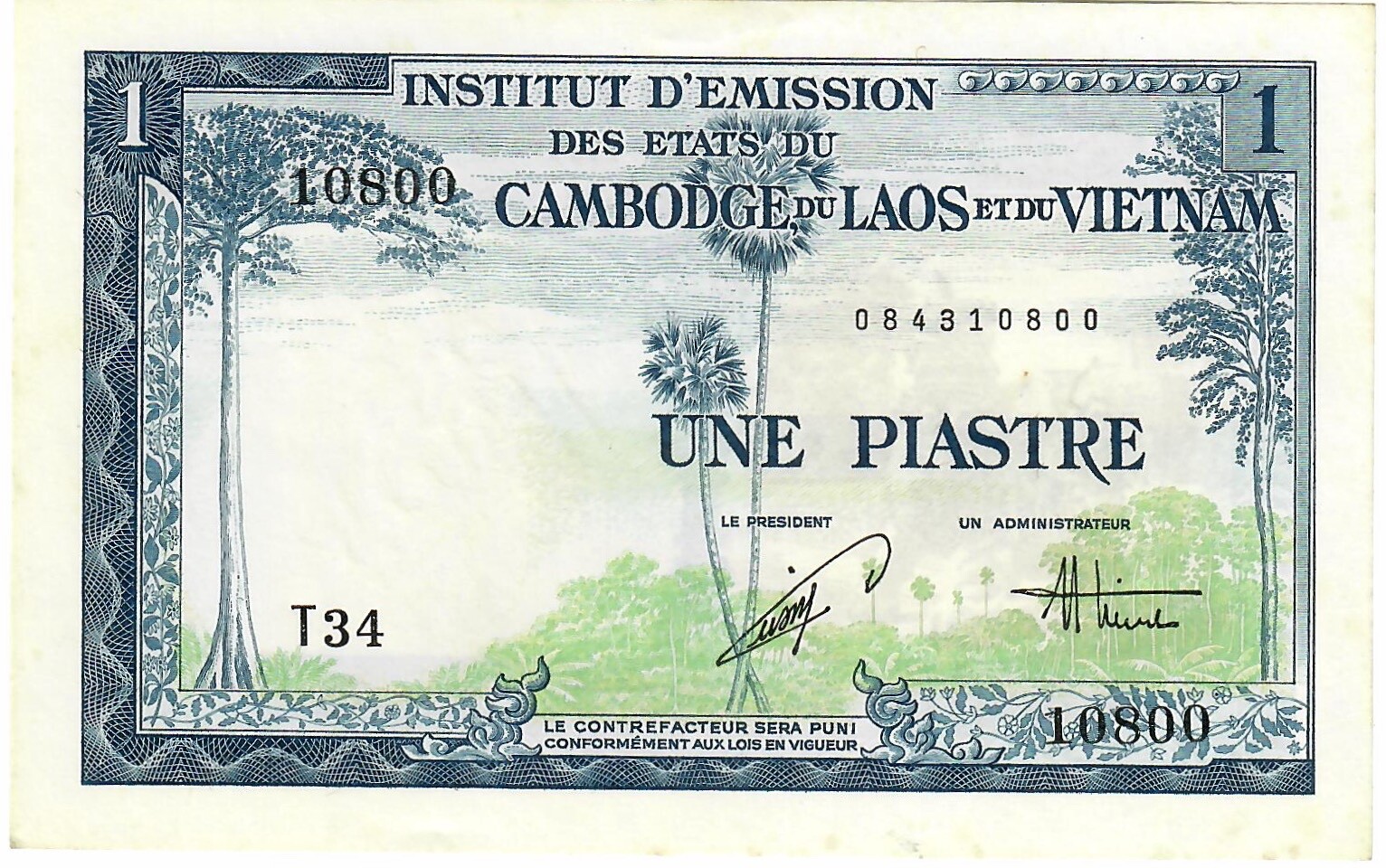 French Indochina 1 piastre ND (1954), UNC, “Cambodia, Laos & Viet Nam Issue”