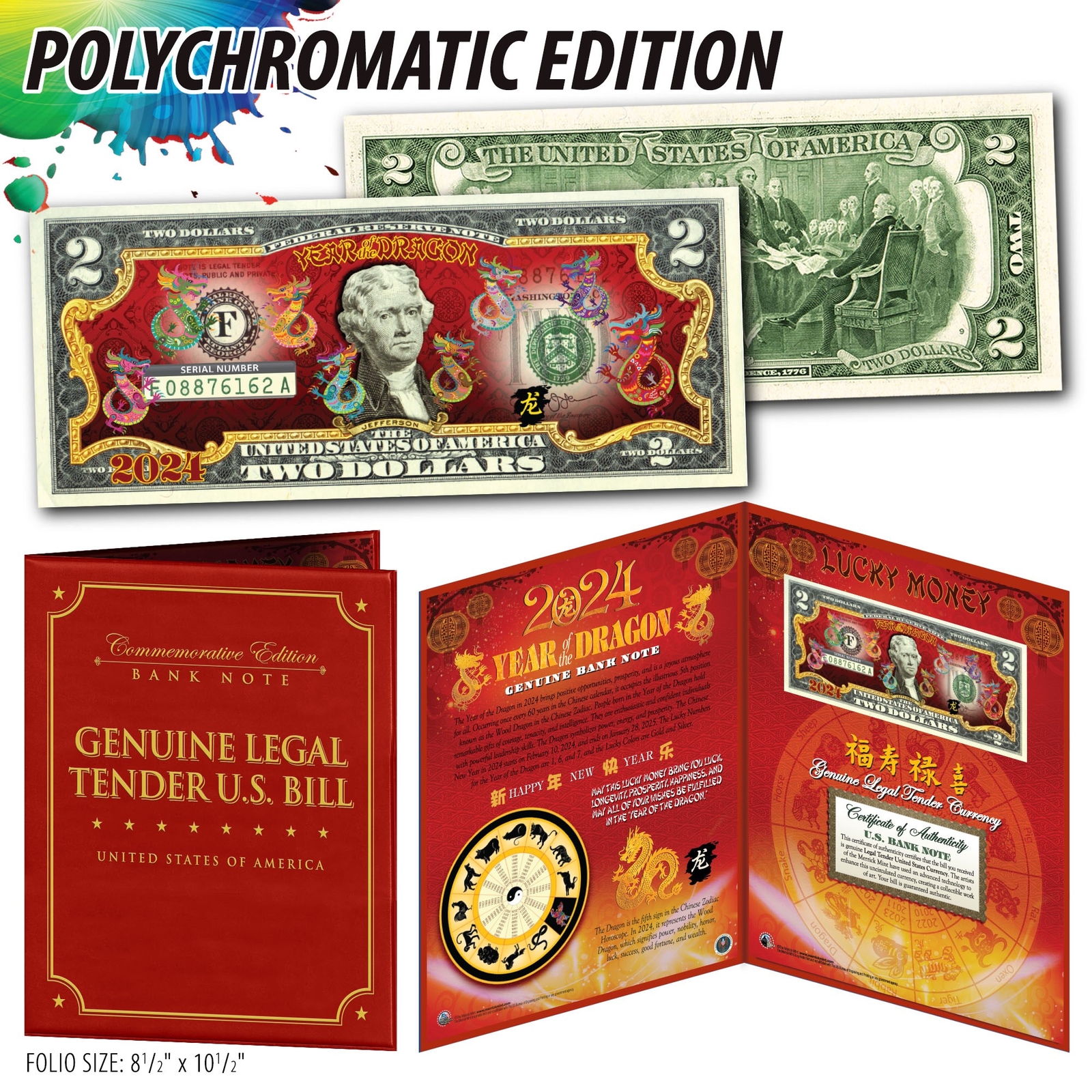 2024 CNY Lunar Chinese New YEAR OF DRAGON Polychromatic 8 DRAGONS $2 Bill 8X10