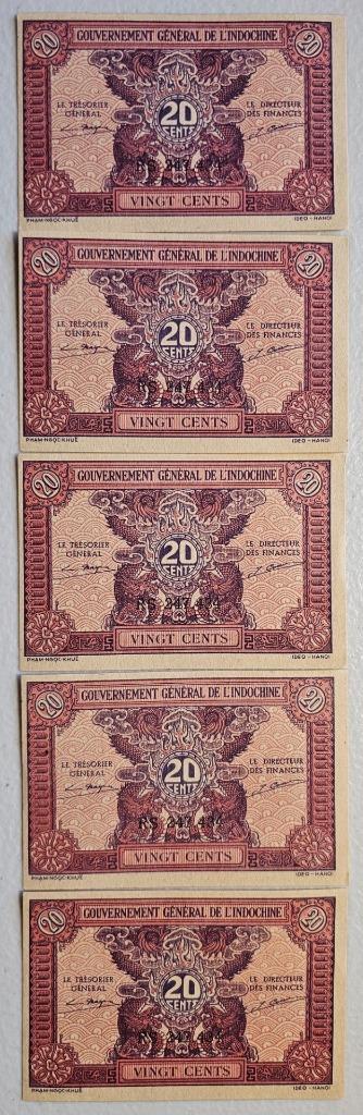 Indochina 20 Cents 1942 Unc Lot of 5 Identical Serial #RS 247.434