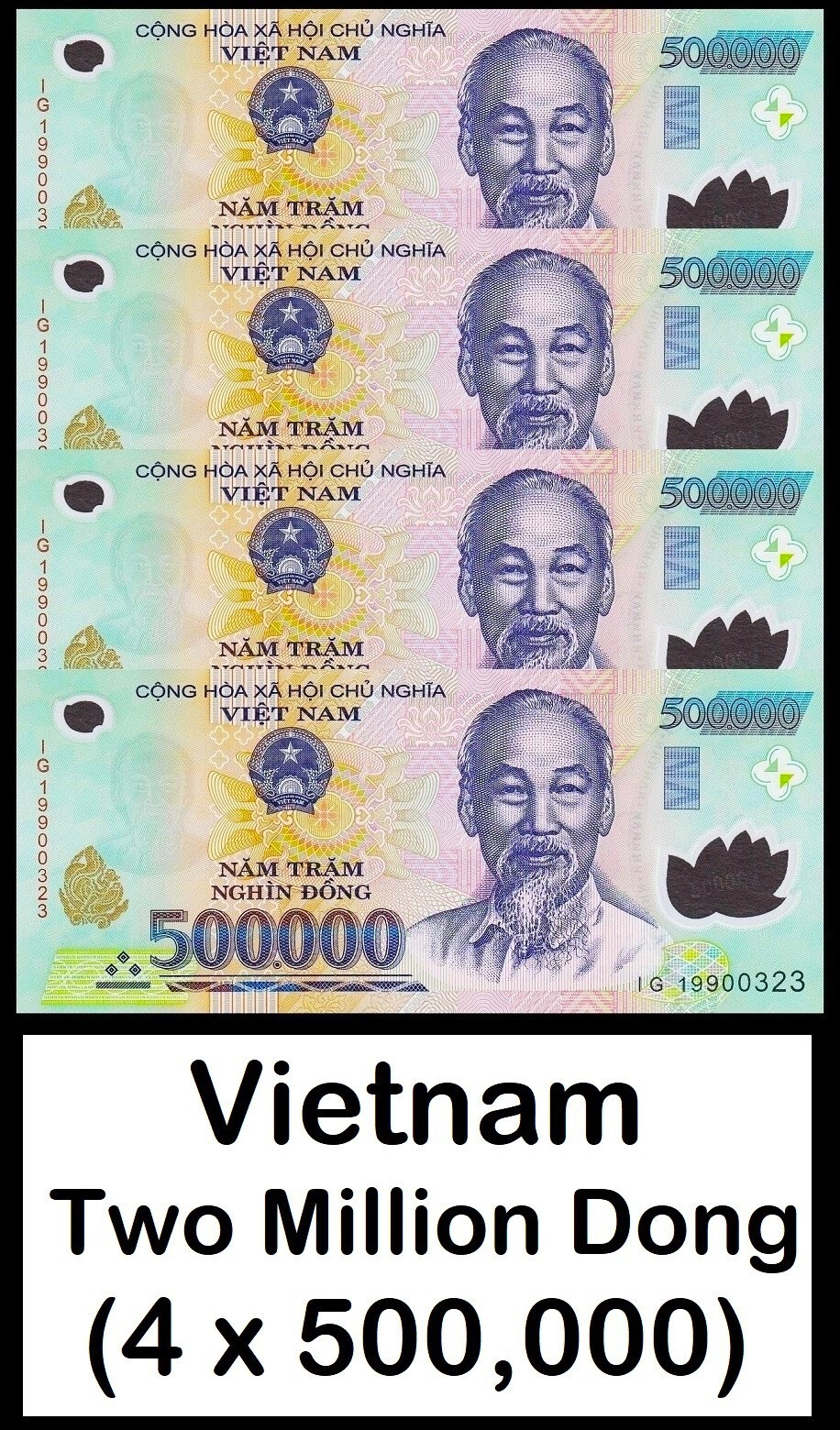 Vietnam Polymer 2 MILLION DONG (4 x 500,000) Uncirculated *SHIPPING From CANADA*