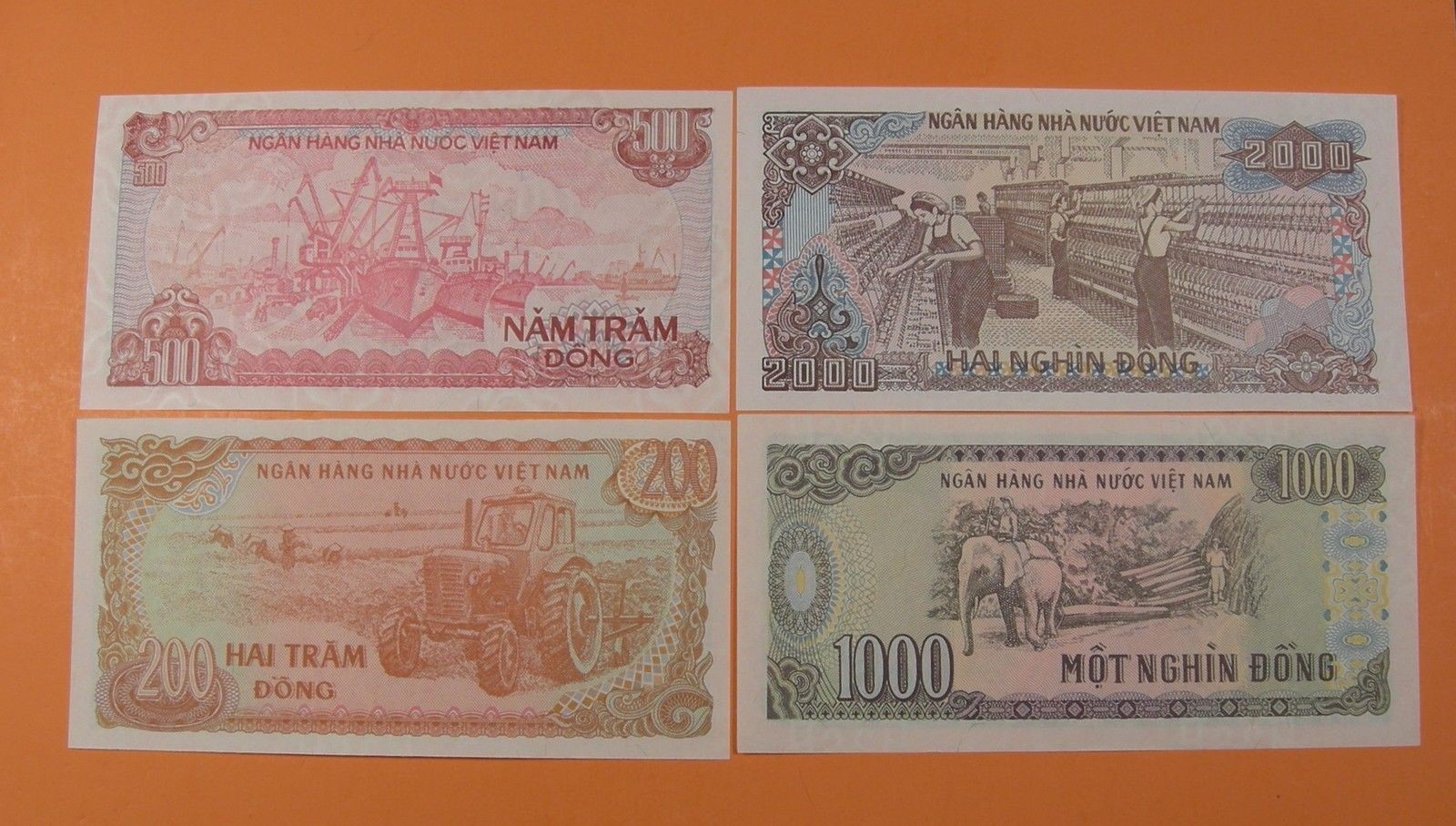 4 COLORFUL VIET NAM NOTES – 200, 500, 1000, AND 2000 DONG – MINT CONDITION