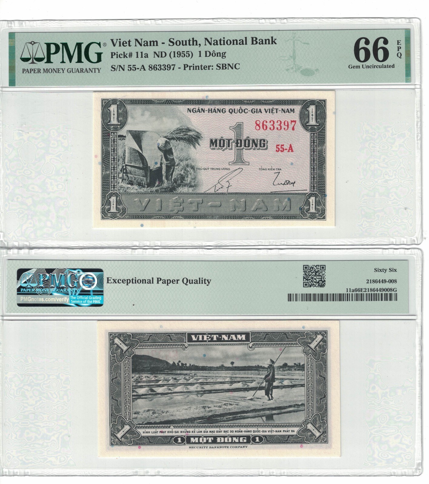 VIETNAM – SOUTH 1 DONG 1955 PICK# 11a PMG: 66 EPQ GEM UNC. #PL2108