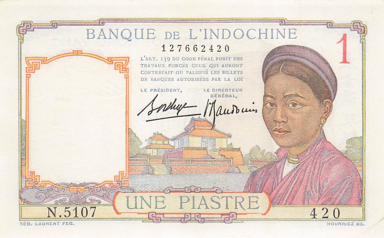 French Indo China 1 Piastre P 54b ND. 1936 Series N Uncirculated Banknote Red X