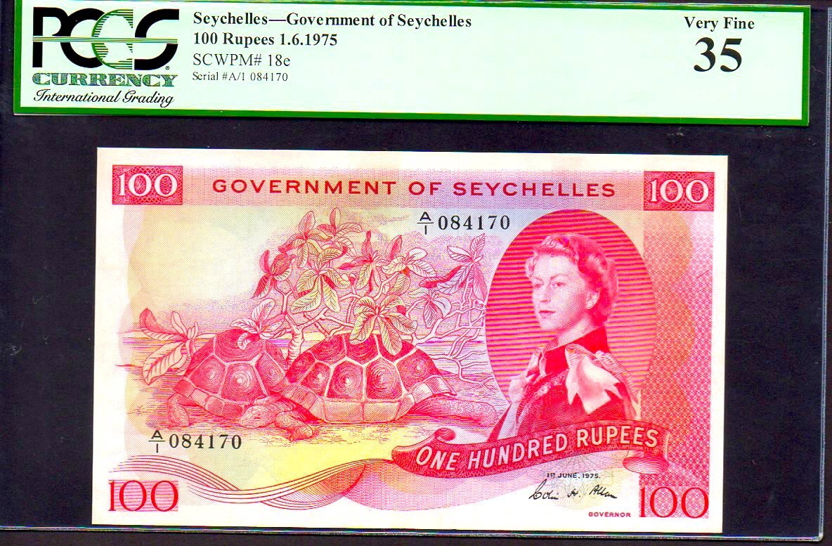 SEYCHELLES P18e “RED SEA TURTLE” 1975 100 RUPPES PCGS 35! QUEEN ELIZABETH II