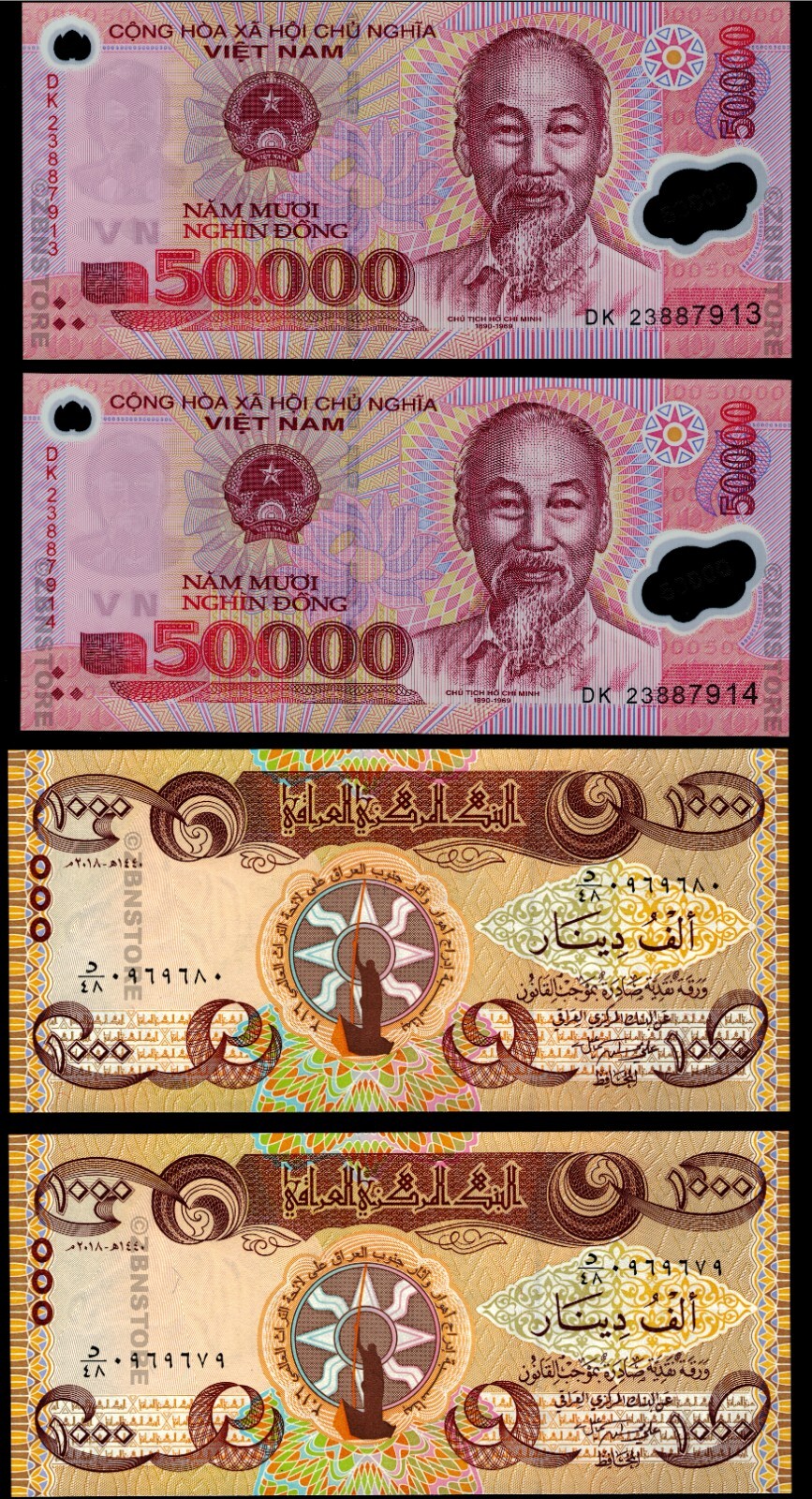2 x 50000 Dong Vietnam + 2 x 1000 Dinars Iraq + 10 x 20 Billion Dollars Zimbabwe