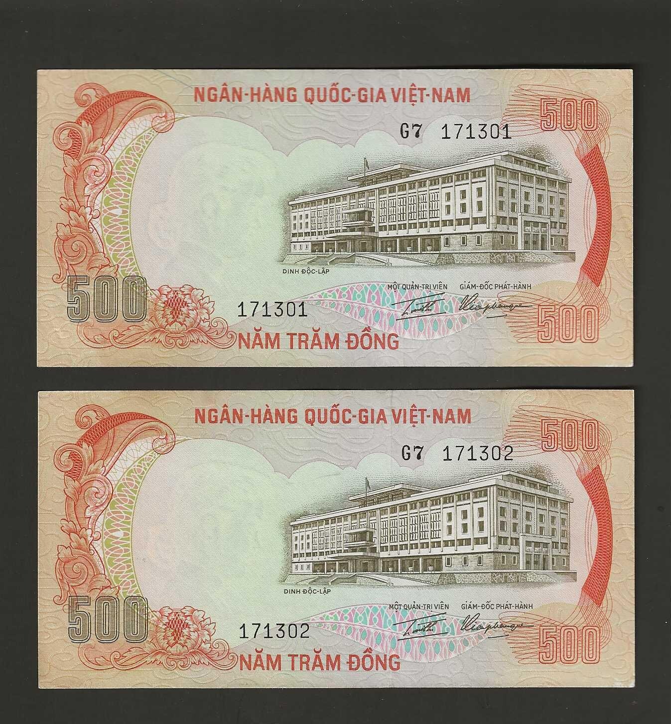 1972 South Vietnam Republic Consecutive Pair of UNC Bank Notes, P#33.
