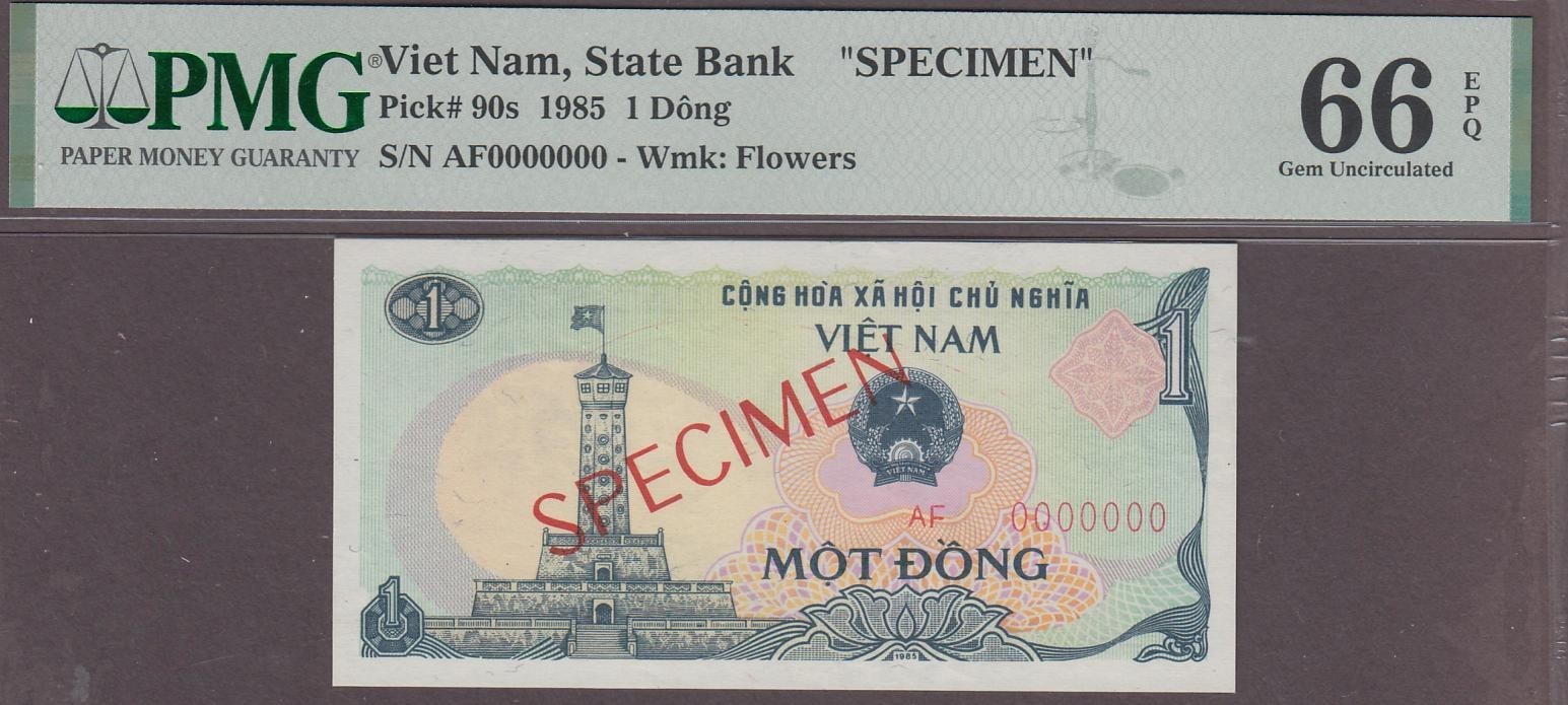 Viet Nam, State Bank 1 Dong Specimen Banknote P-90s ND (1985) PMG 66 EPQ