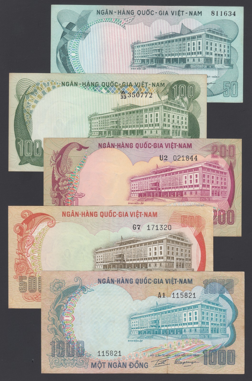 1972-1975 South Vietnam Republic Complete Set of 5 UNC Bank Notes, P#30-34.