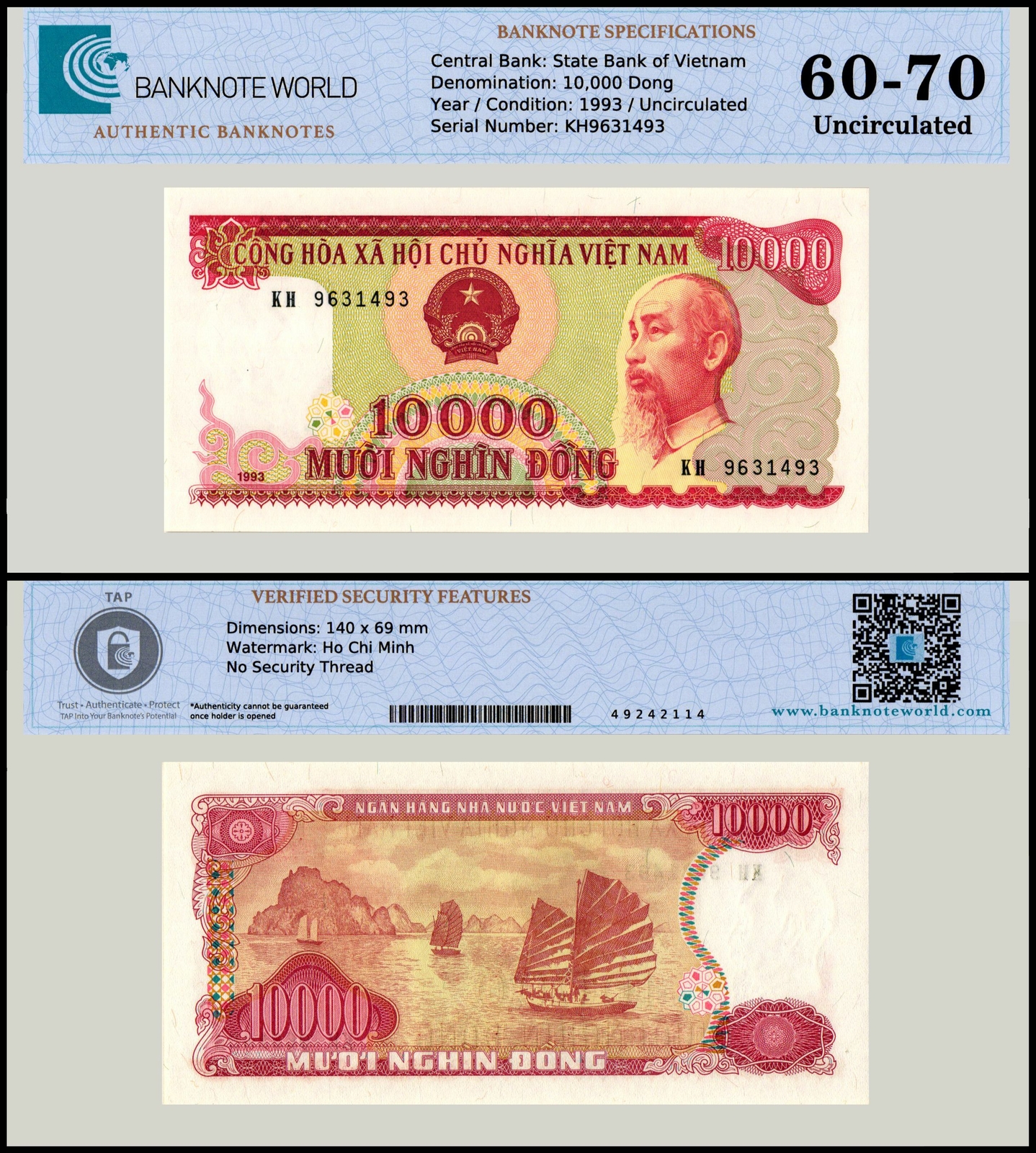 Vietnam 10000 Dong, 1993, P-115, UNC, Authenticated Banknote