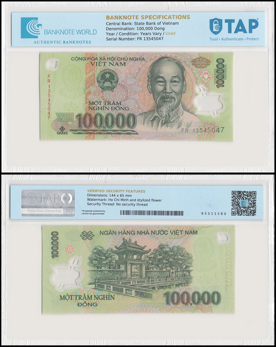 Vietnam 100000 Dong, 2004-2023, P-122, Used, Polymer, TAP Authenticated