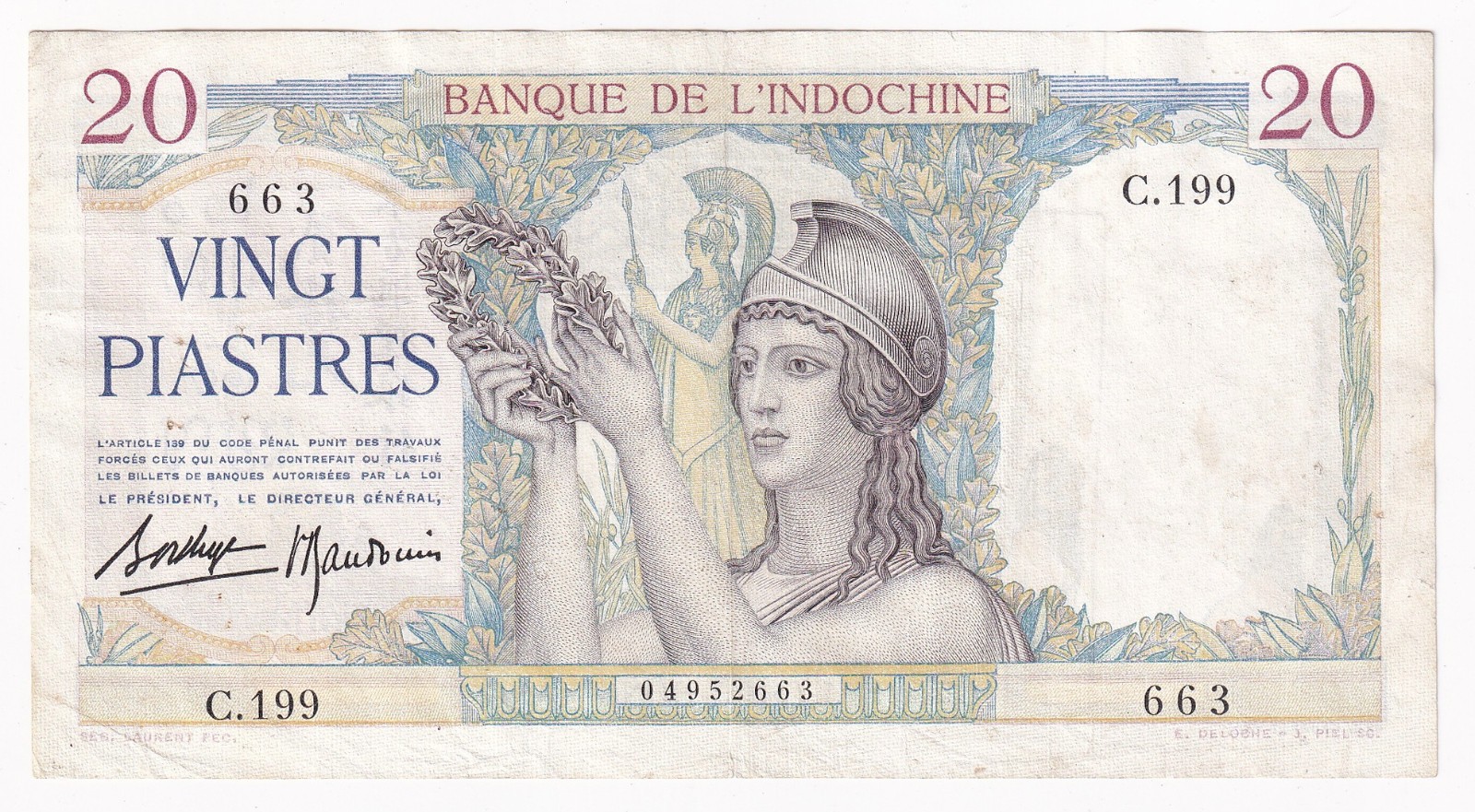 French Indochina Vietnam ND (1936-39) 20 Piastres. Pick 56 Serial # C. 199 663
