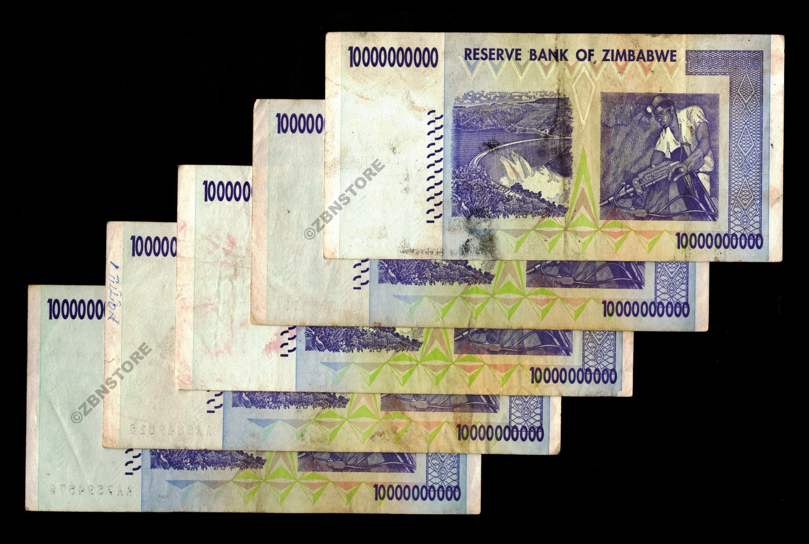5 x 10 Billion Dollars Zimbabwe + 5 x 10,000 Vietnam Dong VND Banknotes + COA