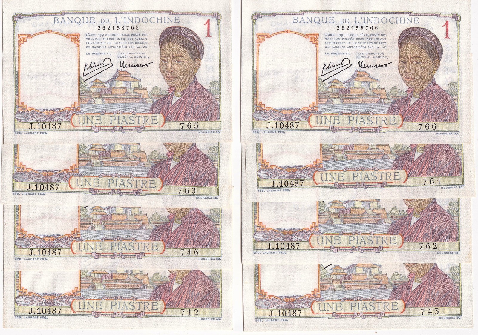 French Indochina 1 Piastre 1949 Lot of 8 notes UNC condition