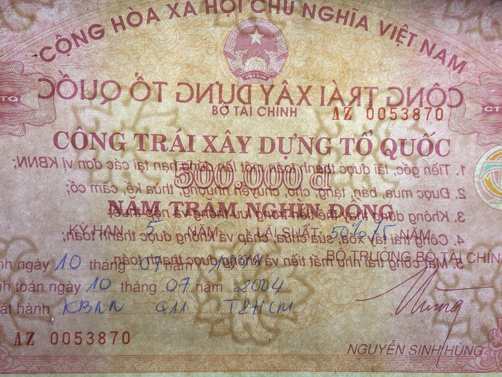 500,000 Dong Payment Bond Cheque Unpaid 1999 Original Vintage Rare_LDP Shop.