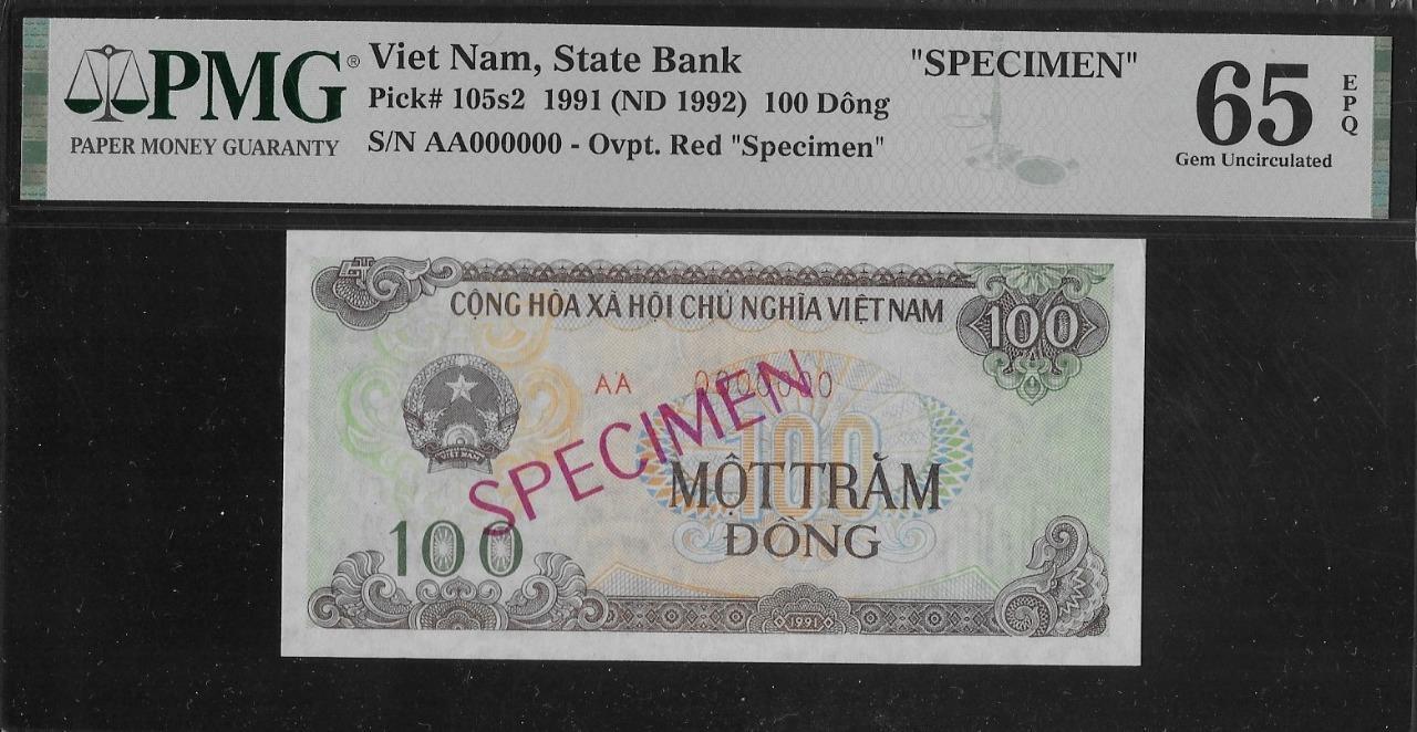 Vietnam P-105s2 100 Dong 1991 Specimen PMG 65 EPQ