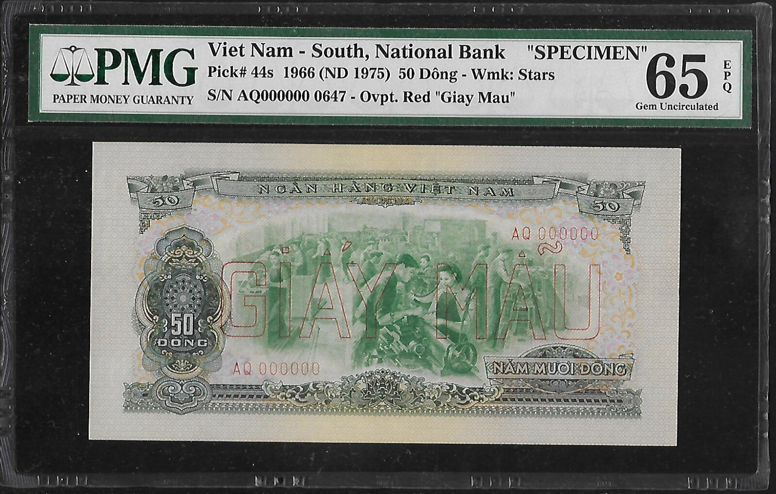 South Vietnam P-44s 50 Dong 1966 Specimen PMG 65 EPQ