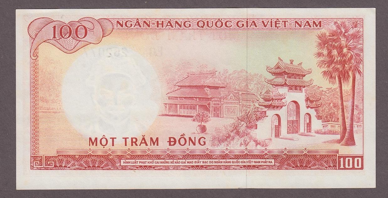 Vietnam South 100 Dong Banknote P-19b King Head Watermark ND 1966 UNC