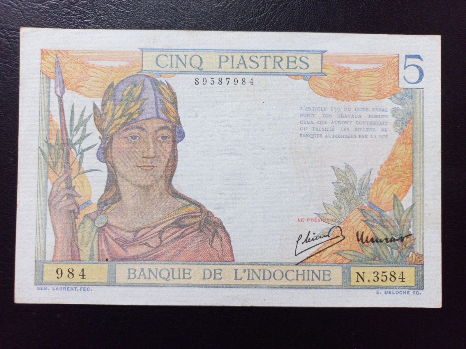 French Indo-China, 5 Piastres, Lao Text Type 1 – Signature # 11, 1946, (P-55c)