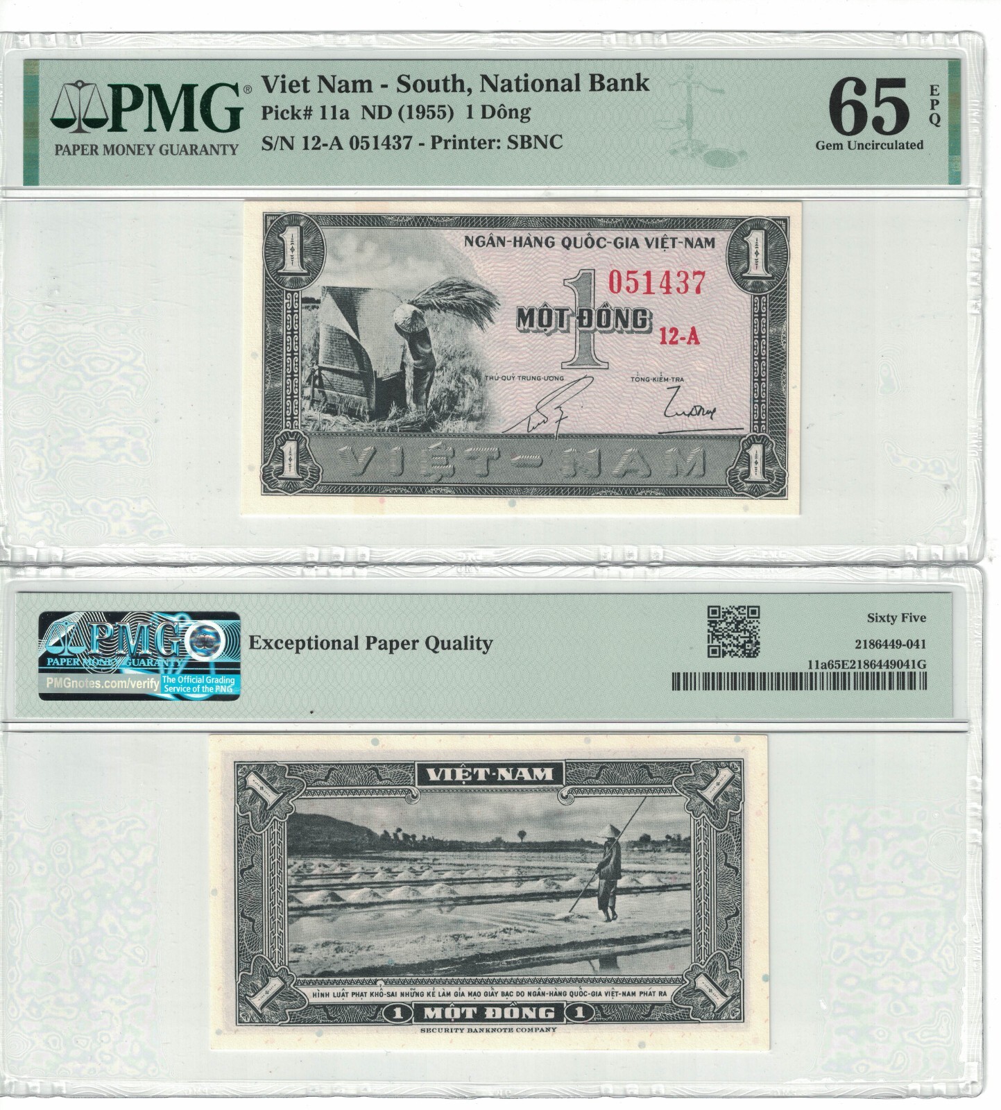 VIETNAM – SOUTH 1 DONG 1955 PICK# 11a PMG: 65 EPQ GEM UNC. #PL2107
