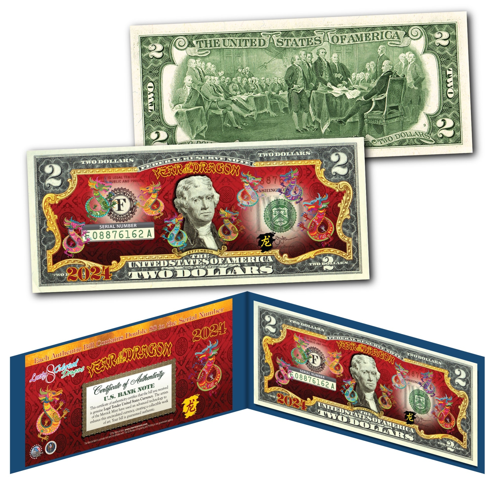 2024 CNY Lunar Chinese New YEAR OF DRAGON Polychromatic 8 DRAGONS $2 Bill BLUE
