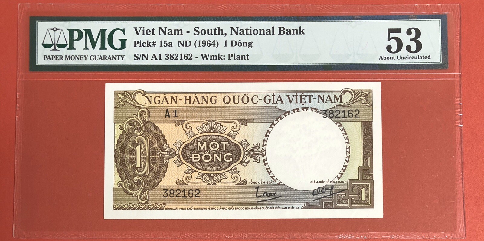 Vietnam South 1 Dong 1964 Prefix “A1“ PICK# 15a PMG-53 About UNC. (#1921)