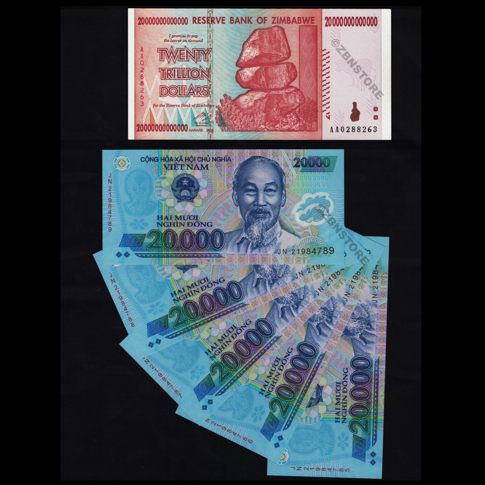 20 Trillion Dollars Zimbabwe AA 2008 + 5 x 20,000 Dong Vietnam Banknotes UNC Set