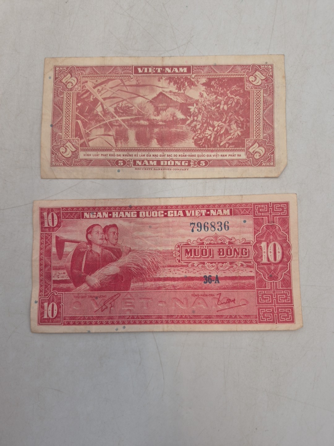 Lot Of 3 1950’s Vietnam Bill Notes- 2 Nam Dong(5) & Muoi Dong(10) Read Desc.