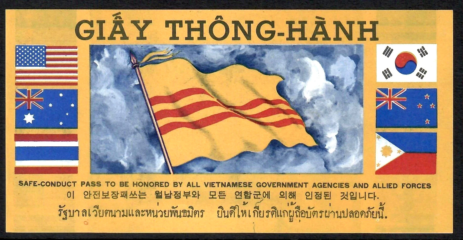 VIETNAM Allied Forces Safe Conduct Pass Vietnam War 7-Flag circa 1970 MINT