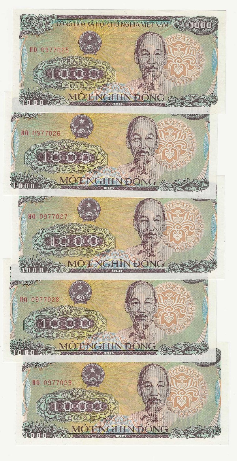 1987-88 Vietnam Regular Issue 5 UNC Bank Notes.