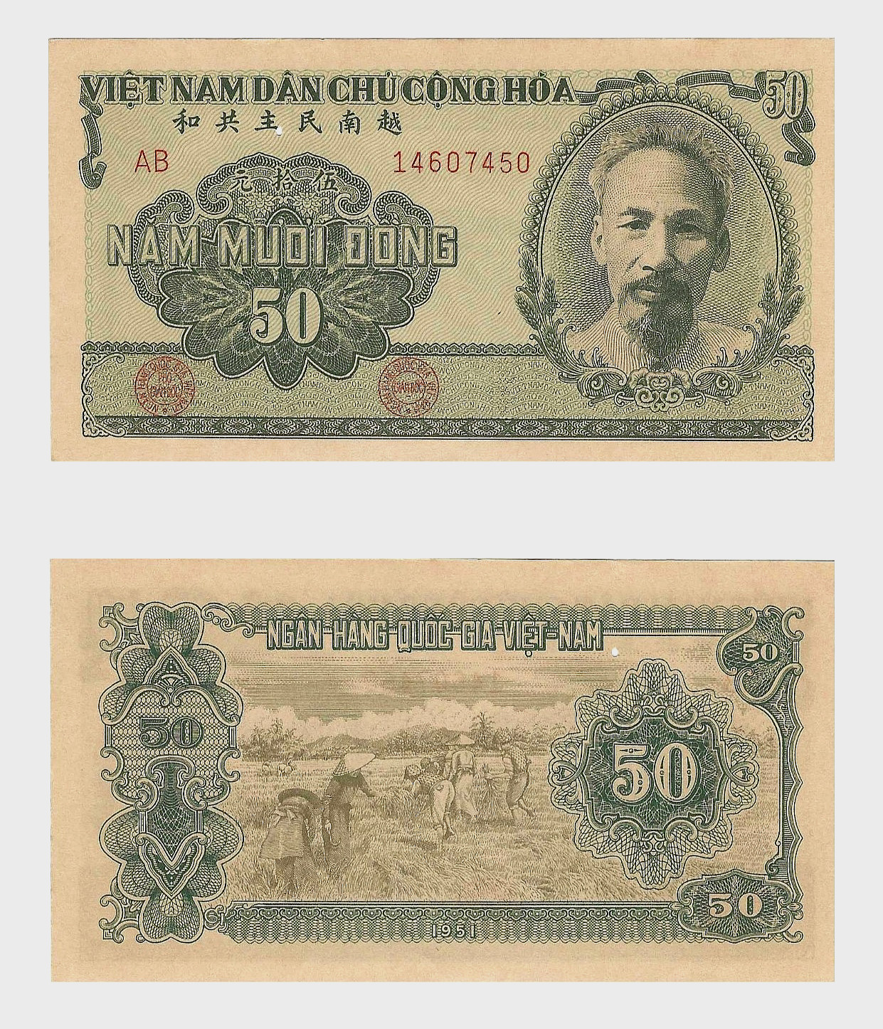 VIETNAM 50 DONG P-61a 1951 x 1 Pcs AUNC HO CHI MINH FARMERS VIETNAMESE Rare NOTE