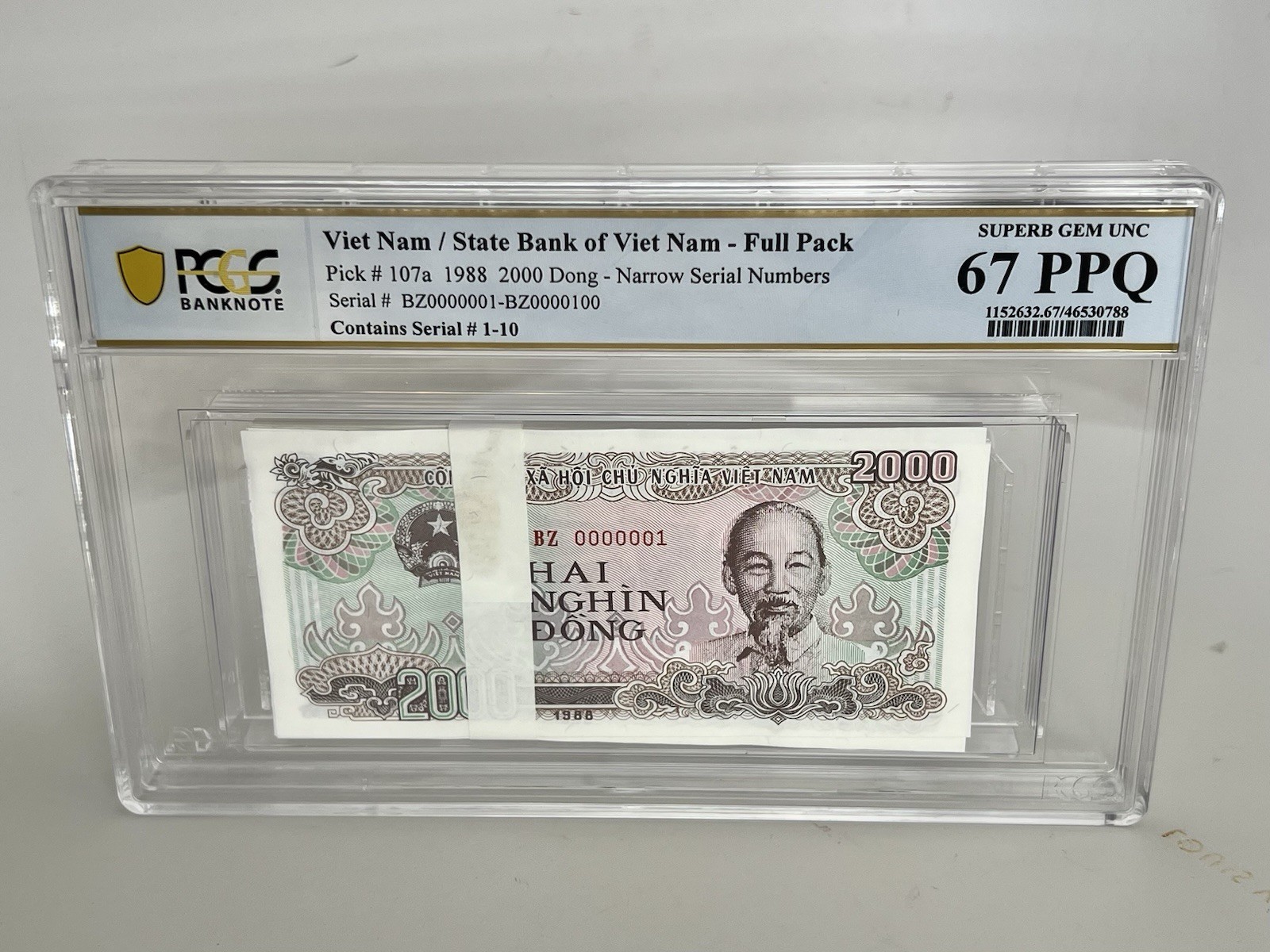 1988 Vietnam 2000 Dong,P-107a, Full Pack 100 Notes, PCGS 66 PPQ, Low SN 1-10