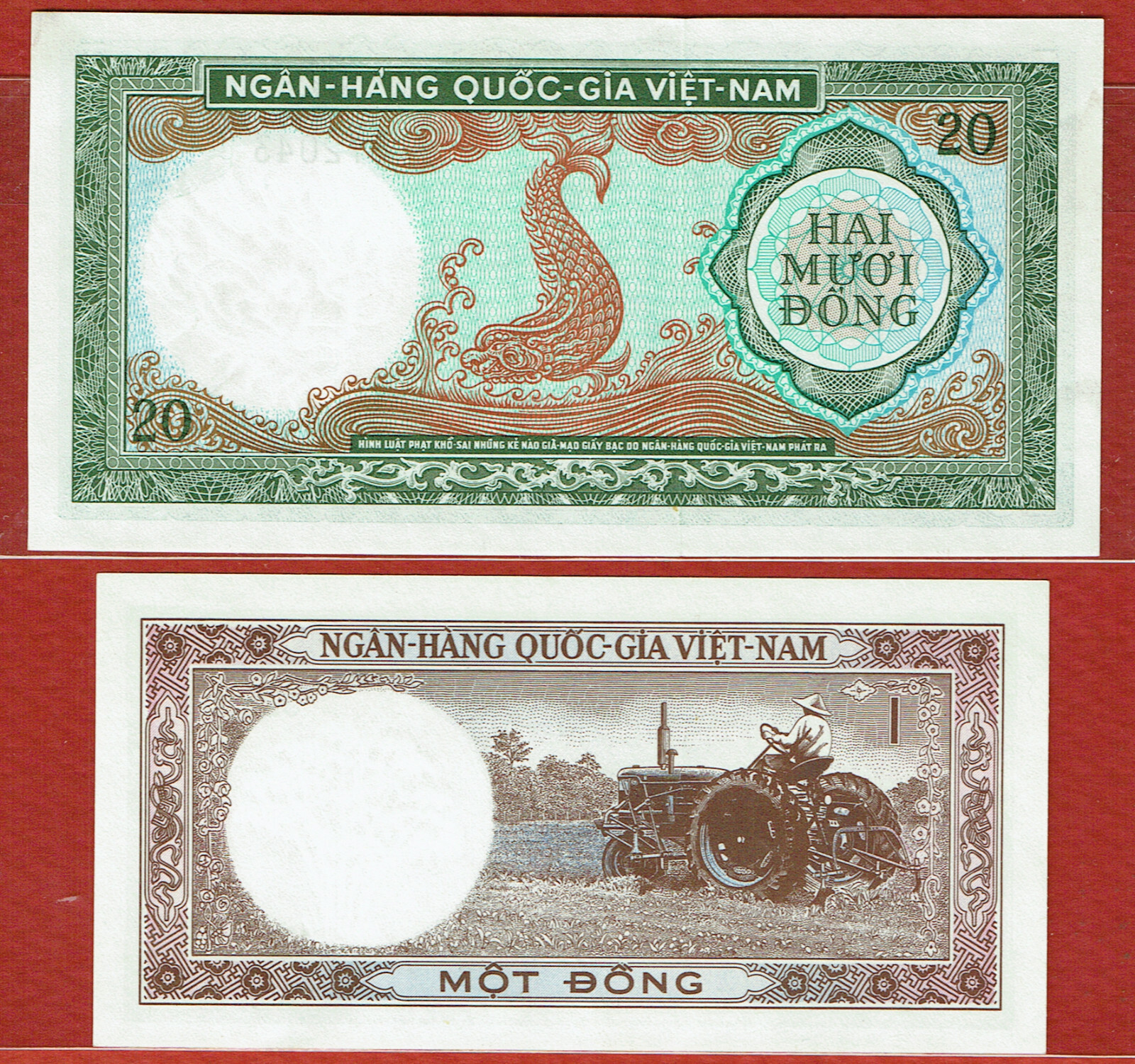 NATIONAL BANK OF VIET NAM (1964) 1 & 20 DONG (PICK#15a & 16a) CU