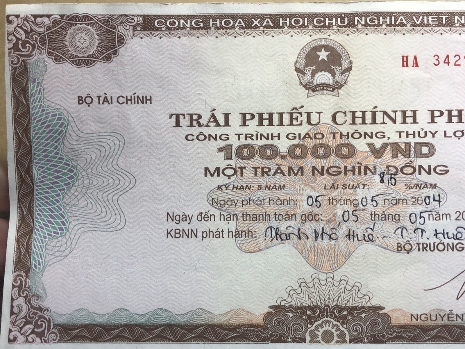 100,000 Dong Payment Bond Cheque Unpaid 2004 Original Vintage Rare_LDP Shop.