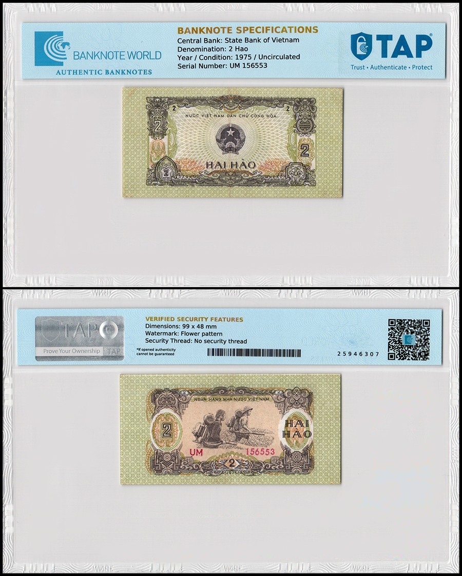 Vietnam 2 Hao, 1975, P-78, UNC, TAP Authenticated