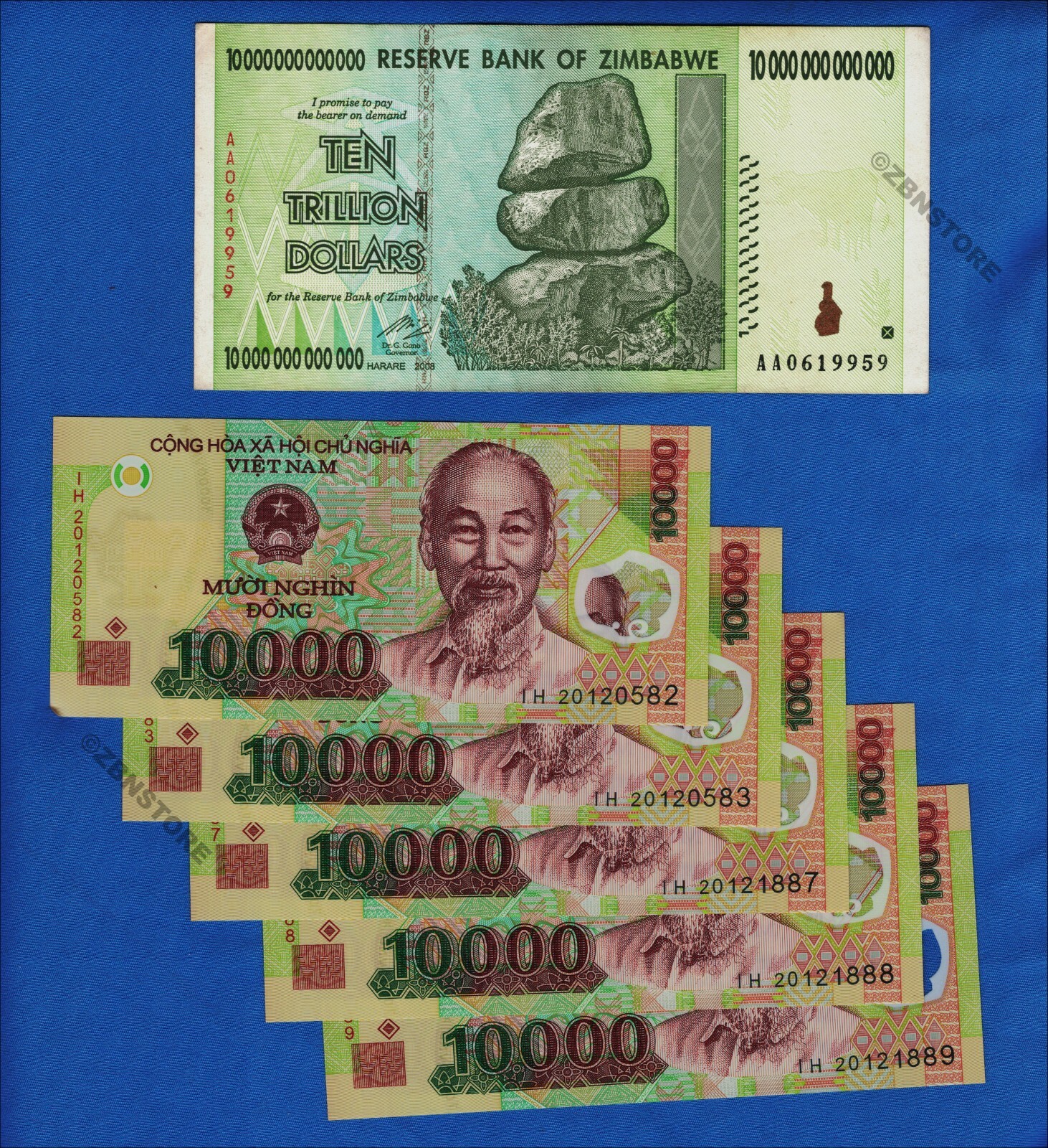 10 Trillion Zimbabwe Dollars AA 2008 + 5 x 10000 Vietnam Dong 100% Authentic COA