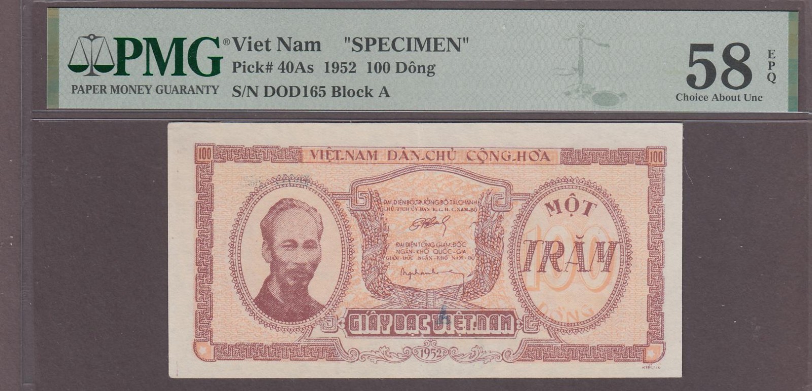 Vietnam North 100 Dong SPECIMEN Banknote P-40As 1952 PMG 58EPQ