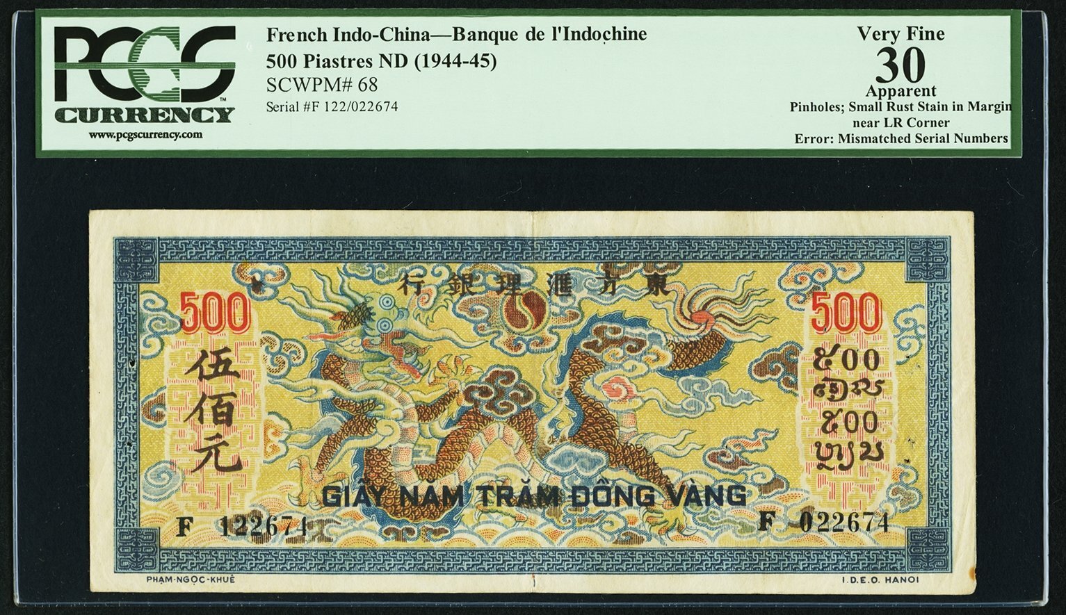 French Indochina 500 Piastres ND (1944-45) Pick 68. PCGS Apparent Very Fine 30.